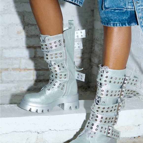 Silver Studded Women's Combat Boots - Picture 3 of 4